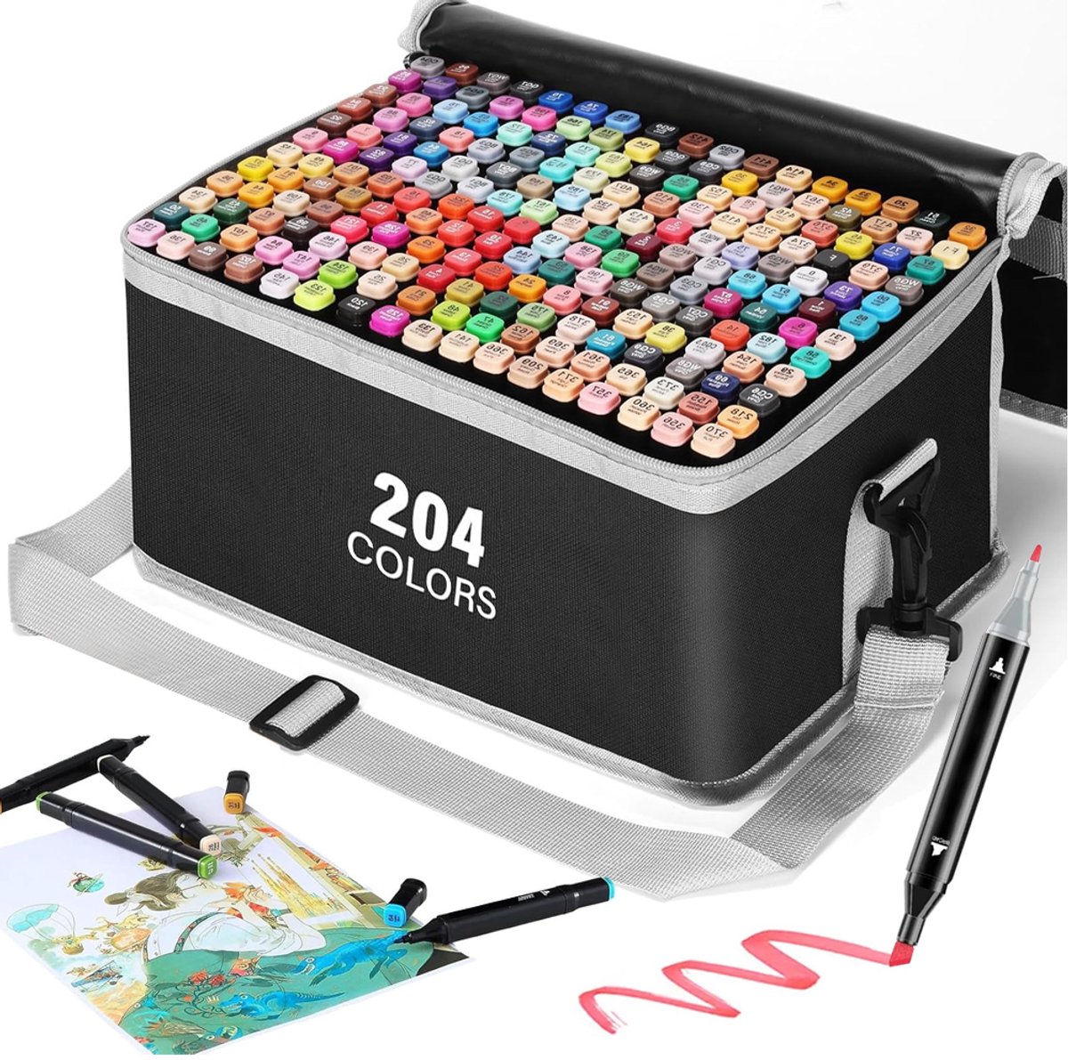 Markerset 204 Kleuren - Alcohol Stiften met Dubbele Punt - Professionele Tekenset voor Schrijven, Cartoon, Schaduwen en Ontwerpen - Inclusief Organizer Tas voor Creatieve Hobby