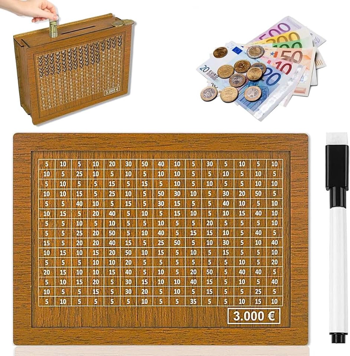 Spaarpot van hout, spaarpot, geldbesparende uitdaging met nummervinkje met teller, herbruikbare geldbank, houten spaarpot voor volwassenen en kinderen met spaardoelen (3.000)