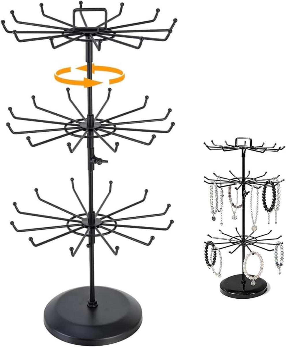 Draaibare sieradenstandaard met 3 niveaus, sieradenboom van metaal, draaibare standaard voor ringen, hangers, tentoonstellingsstandaard voor halskettingen en armbanden met 36 haken en kaarthouders