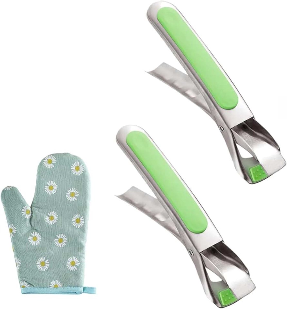 Set van 2 roestvrijstalen tang voor heteluchtfriteuse en oven, anti-verbranding siliconen handgrepen met beschermende handschoenen, antislip oventang voor kommen, borden en bakplaten (groen)