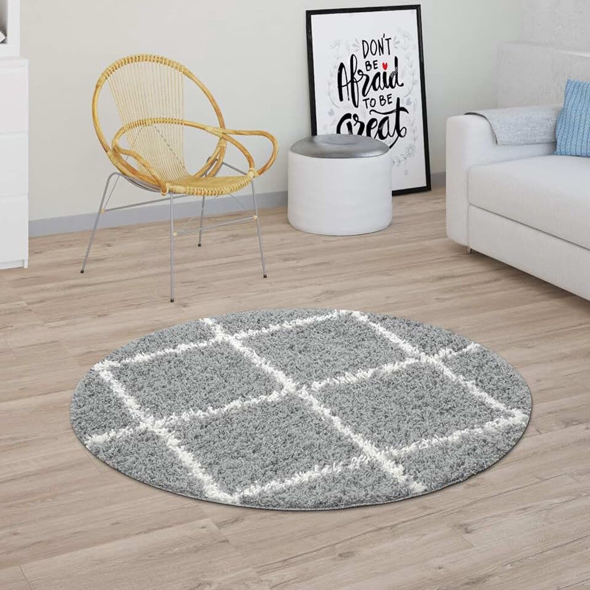 Home Hoogpolig Vloerkleed, Shaggy Voor Woonkamer, Scandinavisch Ontwerp En Ruitpatroon In Grijs, Maat:Ø 160 cm rondje