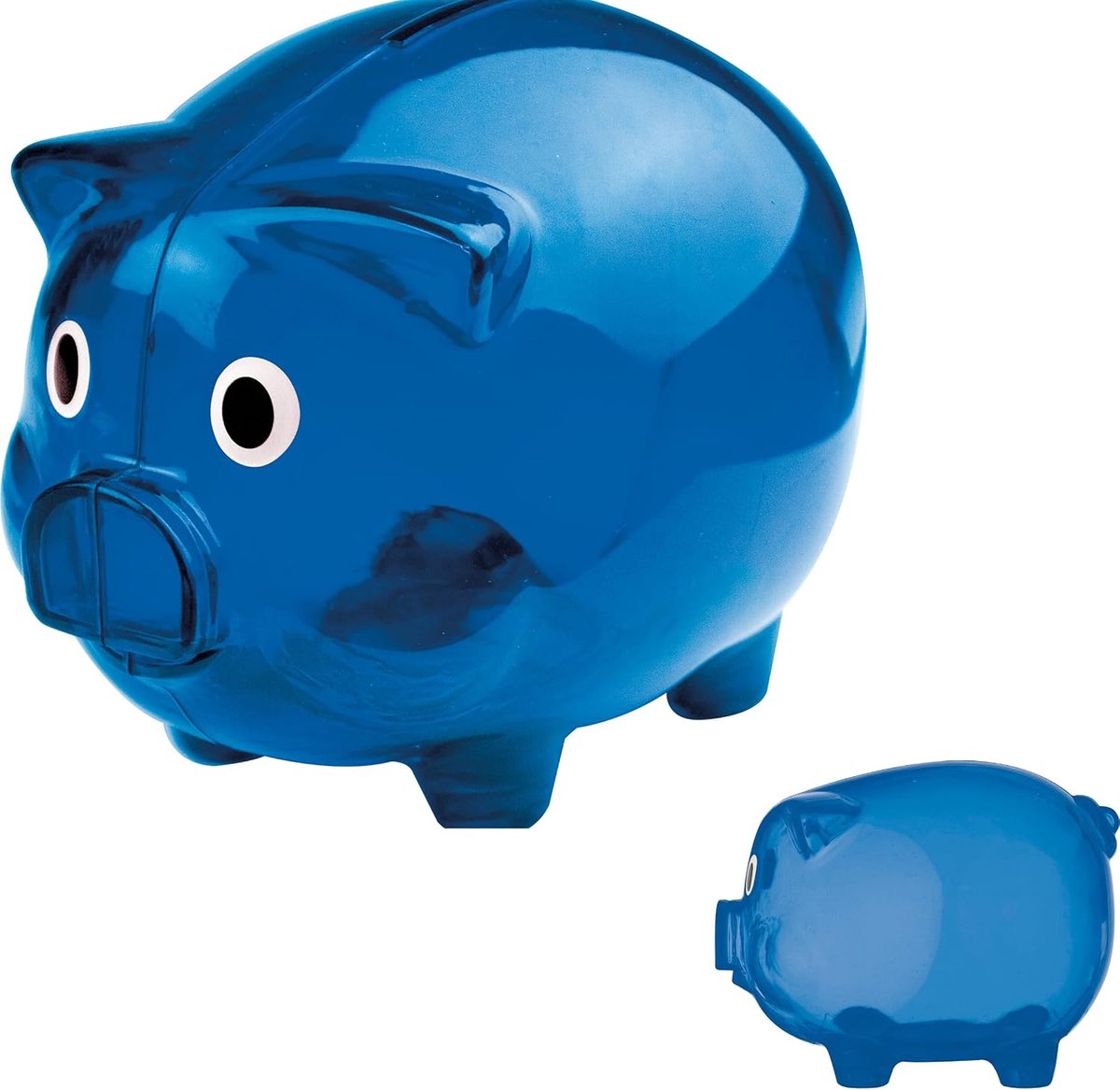 Transparant spaarvarken van plastic, cadeau-idee, spaarpot, geldpot, individueel of in dubbelset, 12,5 x 10 x 10 cm, blauw, rood, groen of transparant (1, blauw)