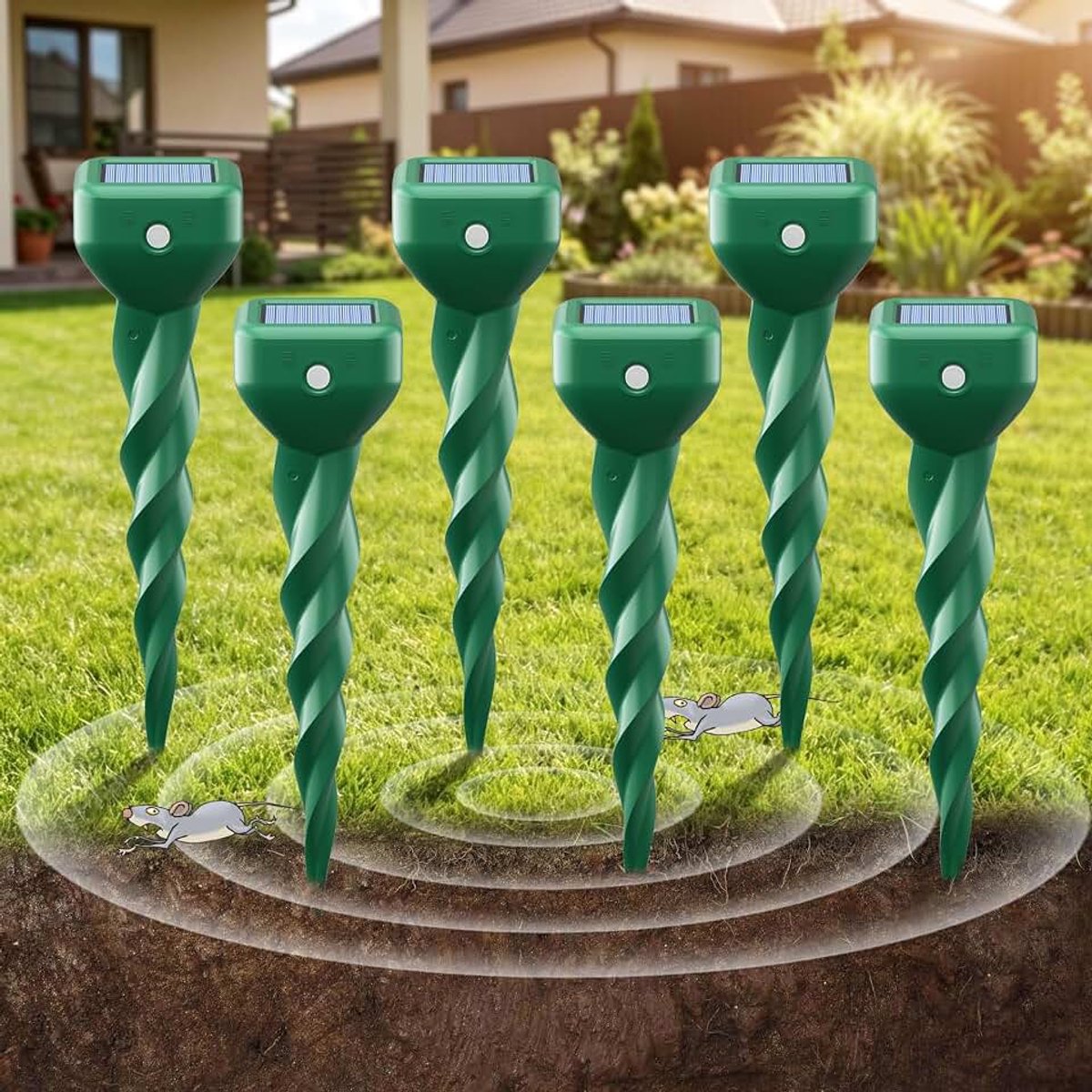 Mollenverschrikker op zonne-energie, verpakking van 6 stuks, voor tuin en gazon, IP67 waterdichte mollenverjager voor het verdrijven van woelmuizen, draadloos gebruik zonder chemicaliën