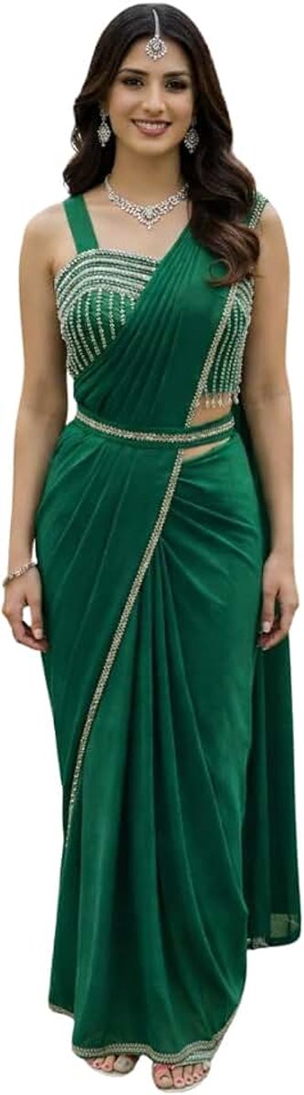 Emerald Embellished Ready-to-Wear Saree with Beaded Blouse