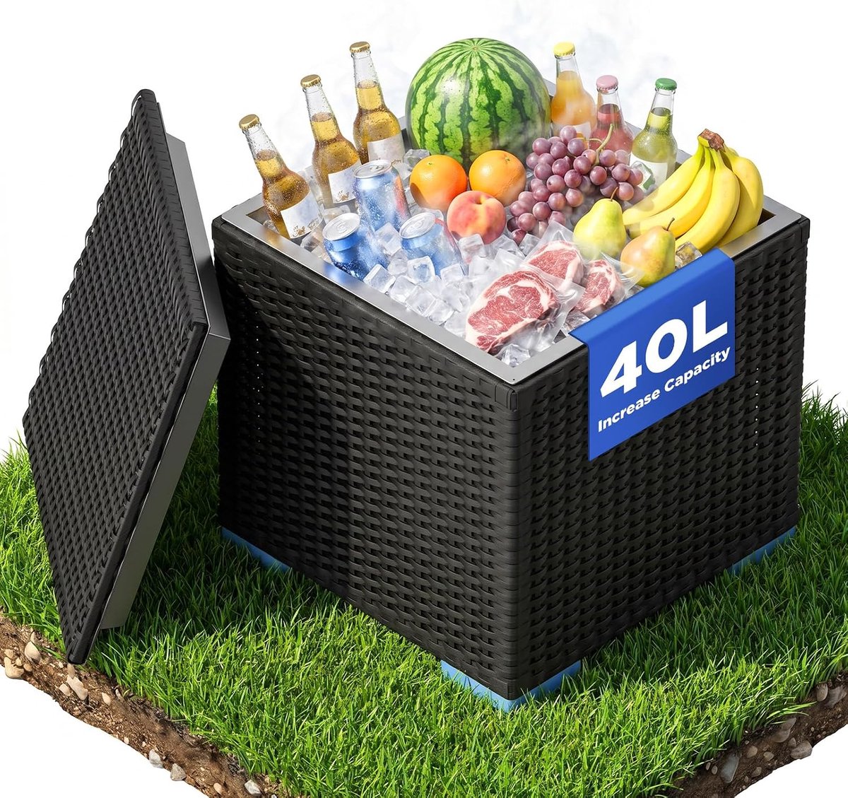 Tafel met koelkast, Cool Bar tuintafel met koelboxfunctie, cocktailtafel en bijzettafel, Ø 40 cm tafelblad, weerbestendig, voor tuin, terras, zwembad, balkon, zwart