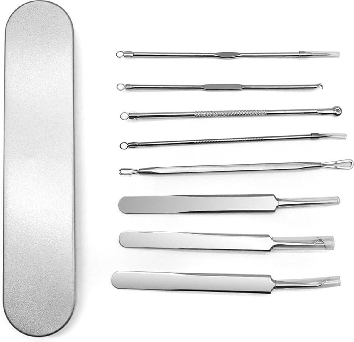 Remover Set - 8 Delig - Mee-eters verwijderen - Comedonenlepel - Comedonendrukker - Zilver - Incl. RVS Opbergbox