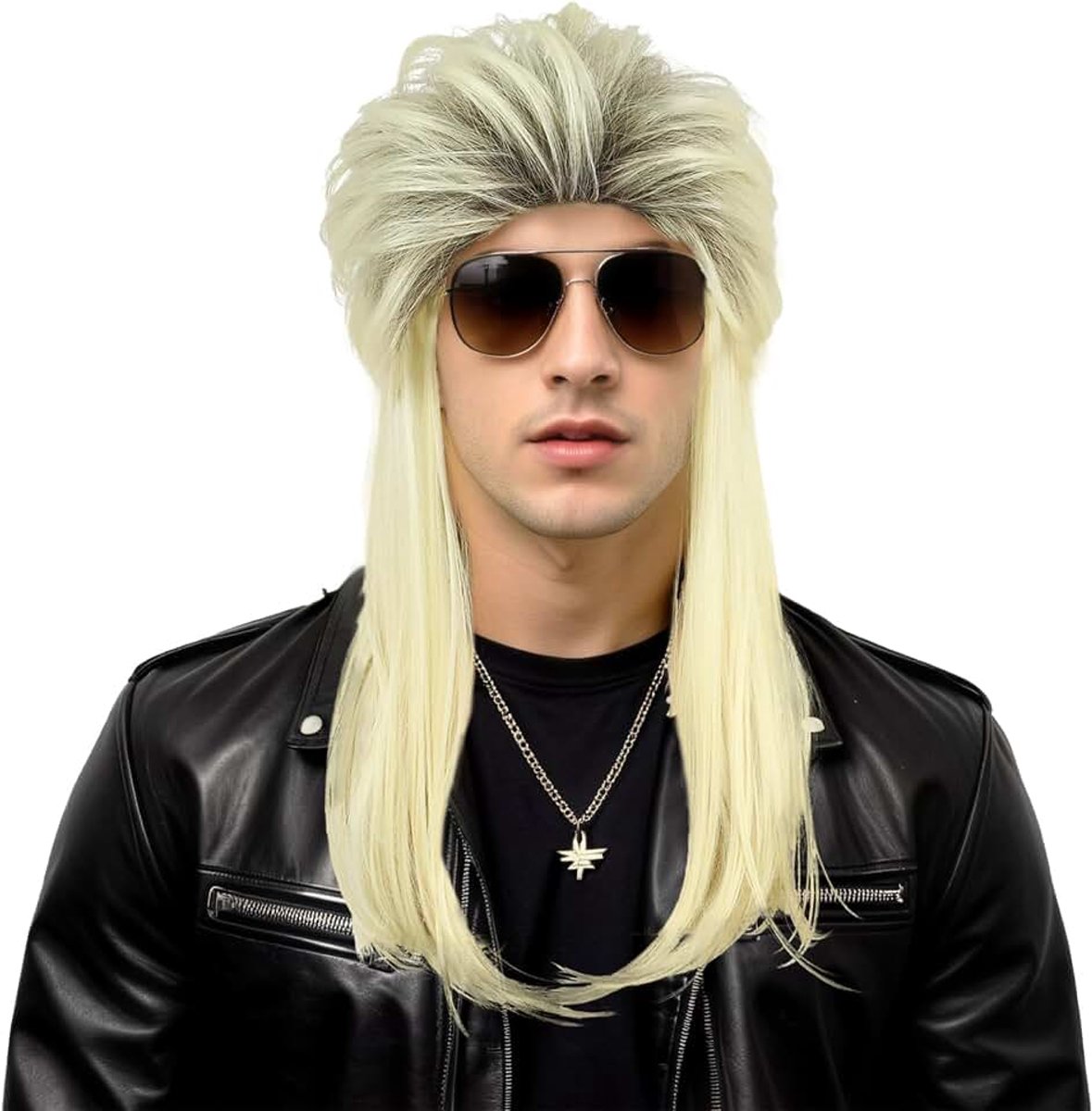 Karlery Lange rechte ombre blonde pruik voor mannen en vrouwen, 70 of 80 stuks, Vokuhila, punk, rocker, verstelbare maat, voor cosplay, Halloween, kostuum, feest