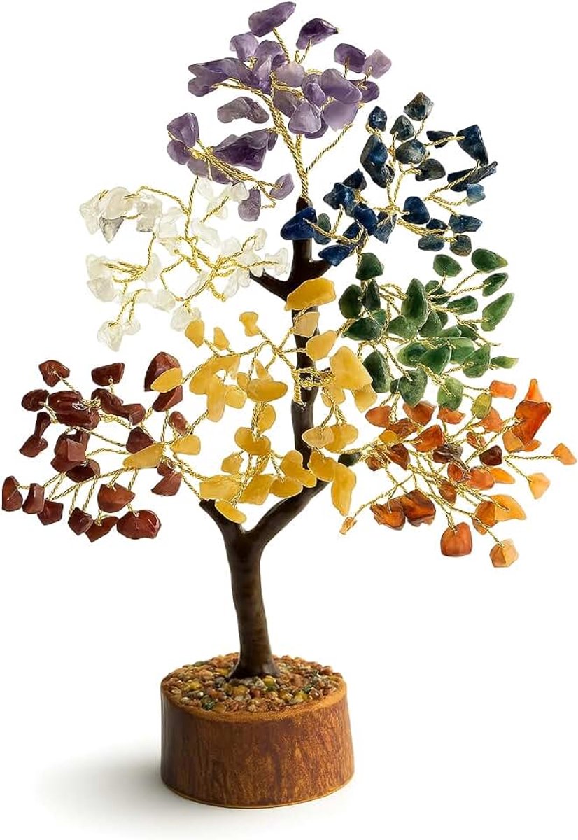 Gouddraad, kristalboom, geluksboom met echte stenen, 7 chakra-boom voor energiebalans, harmonische helende steen, boom voor meditatie, steenboom