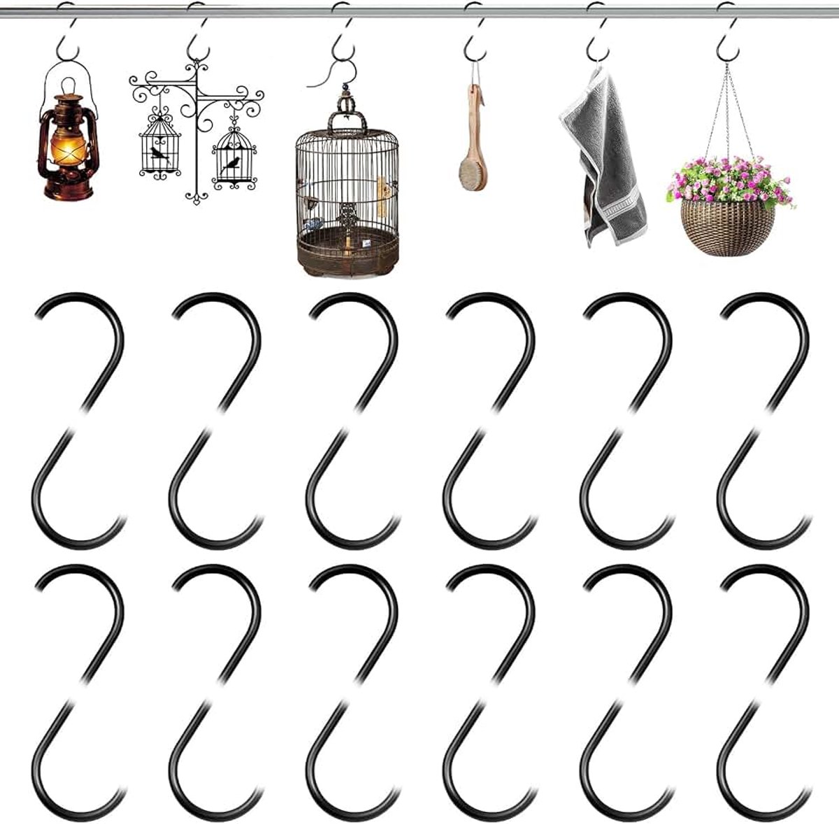 12 stuks S-vormige metalen haken, zwarte S-haak met veiligheidsgesp, 9,2 cm zware grote haken om op te hangen, keukengerei haak, voor hangende planten, verlichting, keukengerei, kleding