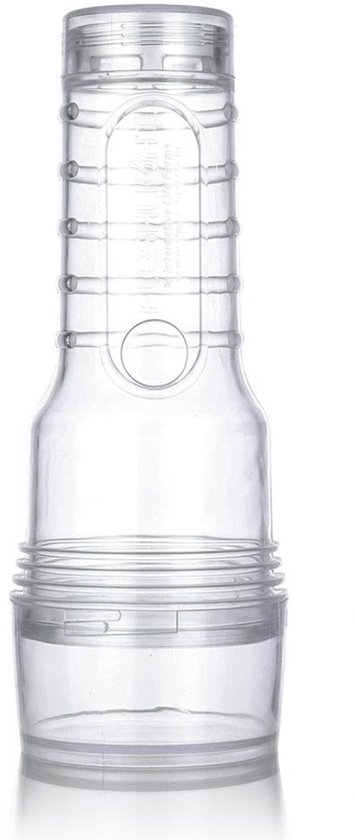 Transparante vaginale masturbator met externe ribbels en merklogo.