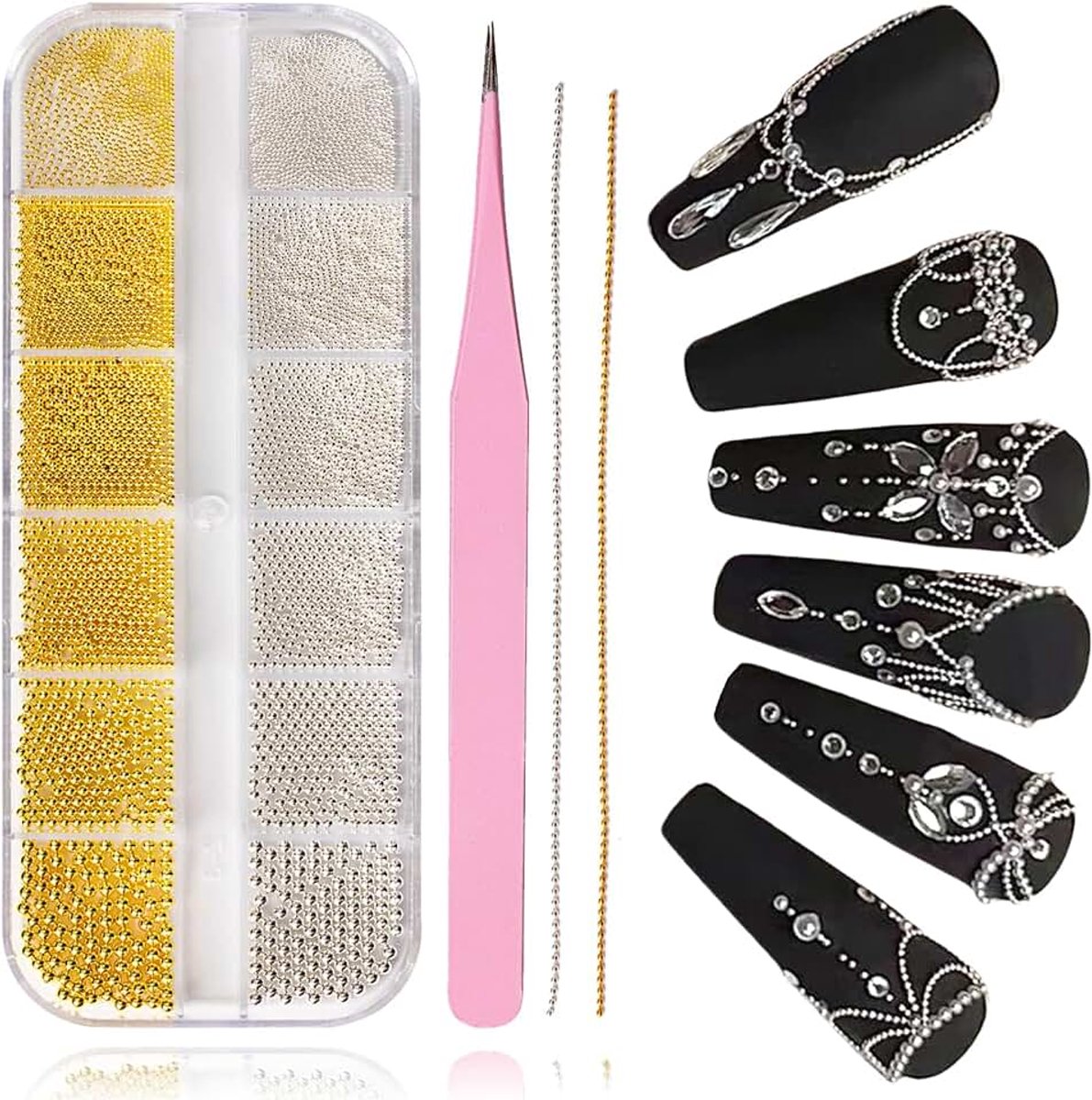 5680 stuks kaviaarkralen voor nagels, 12 graden goud en zilver nagel charmes, kaviaarkralen voor nagels, nagelkettingen voor nagelkunst, nagelkralen voor nagelkunstaccessoires