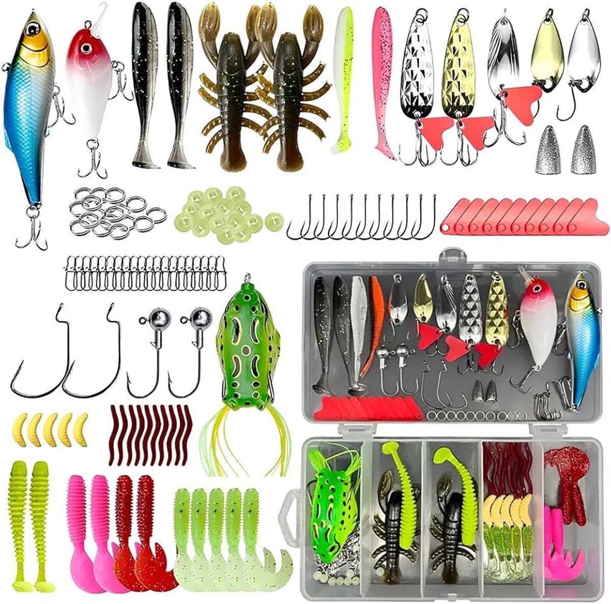 Afenau, 107 stuks visbeetjes, set met viskist, viskist, compleet voor beginners voor snoek, forel, goudvis, baars voor zoet- en zout water