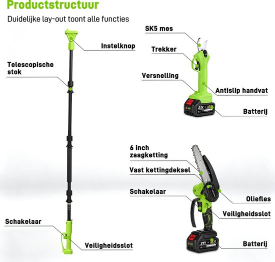 ONEGREEN Accu Kettingzaag + Telescopische Steel - Elektrische Snoeischaar - met 2x 4000 mAh Accu's - Automatische Kettingsmering - Brushless - voor boomtakken, houtzagen — afbeelding 2