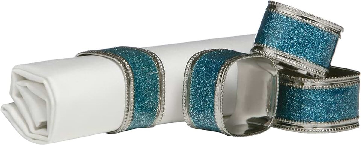 Servetringen, set van 4, turquoise glitter, vernikkeld