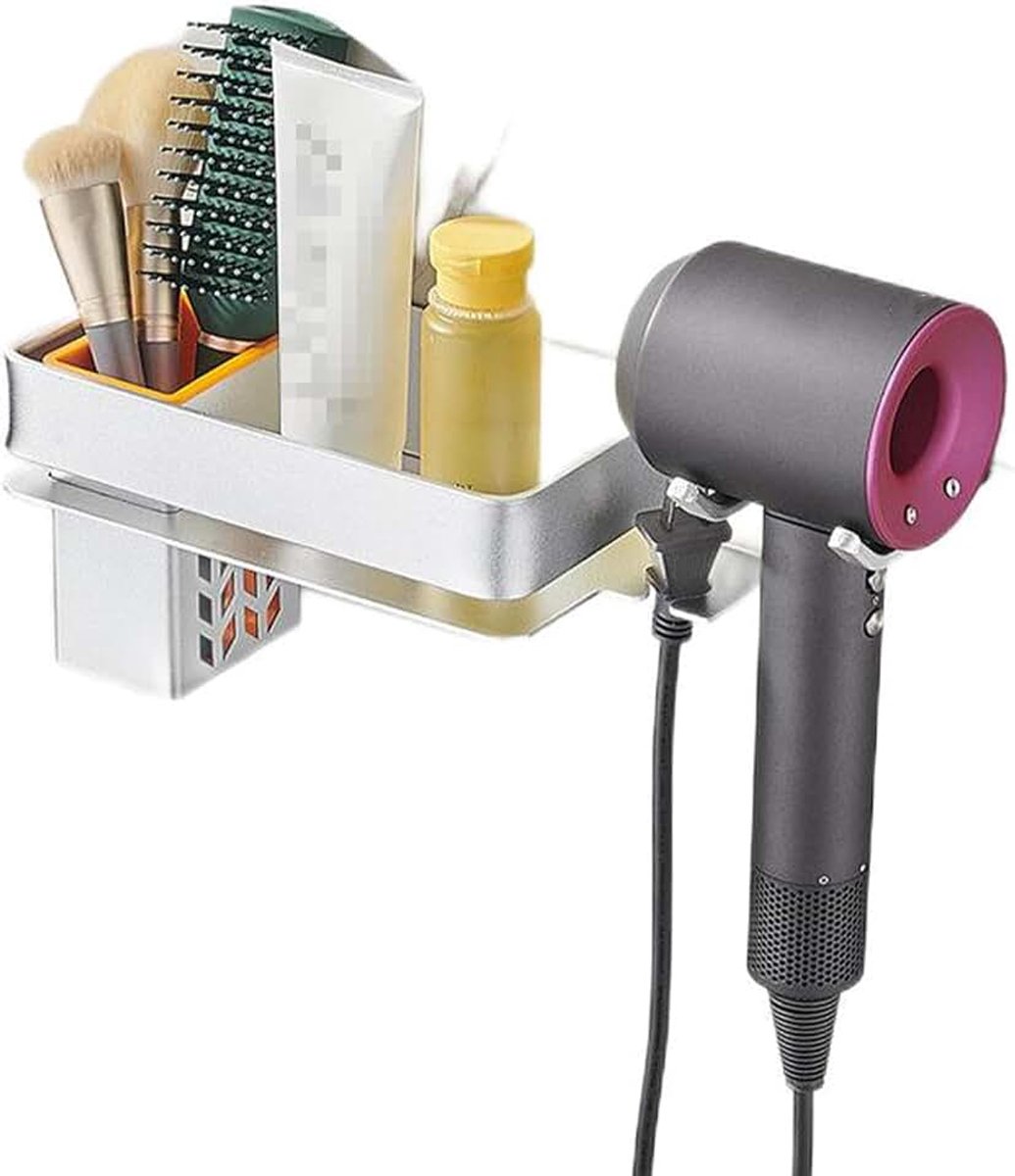 Houder, Haardroger Station Accessoires Organizer Wandgemonteerde Plank Beugel Stand Hanger Straightener Blaas Opslag met Gaten Rack Plug Haak Voor Badkamer Aluminium (Zilver)