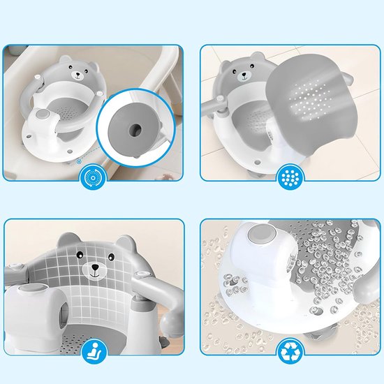 Badzitje voor Baby - Baby Badstoel vanaf 6 Maanden - Met 4 Zuignappen - Rugleuning & Armsteun met Drukknop - Waterafvoer - Voor Badkuip en Badkamer - Grijs/Wit — afbeelding 4