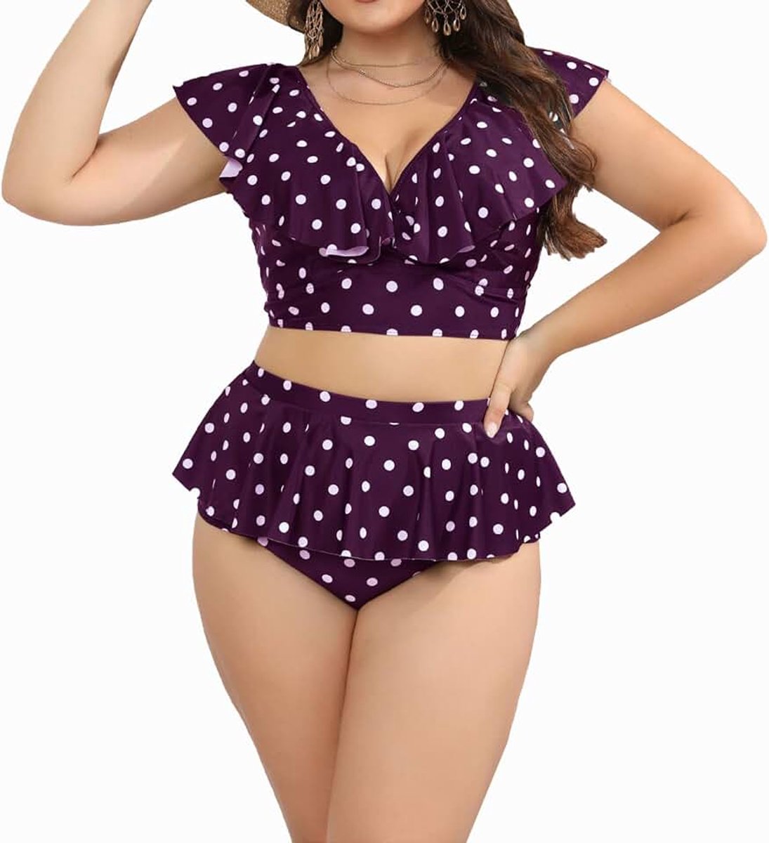 Polka Dots Roes Tweedelig Badpak,Purper,4XL