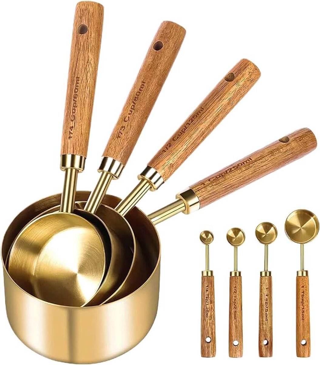 & Maatlepels Nauwkeurige Stapelbare Set Van 8 Gadgets | Roestvrijstalen Maatbekers Met Houten Handgrepen Gadget Voor Keuken Koken Bakken Thuis En Vloeibare Ingrediënten