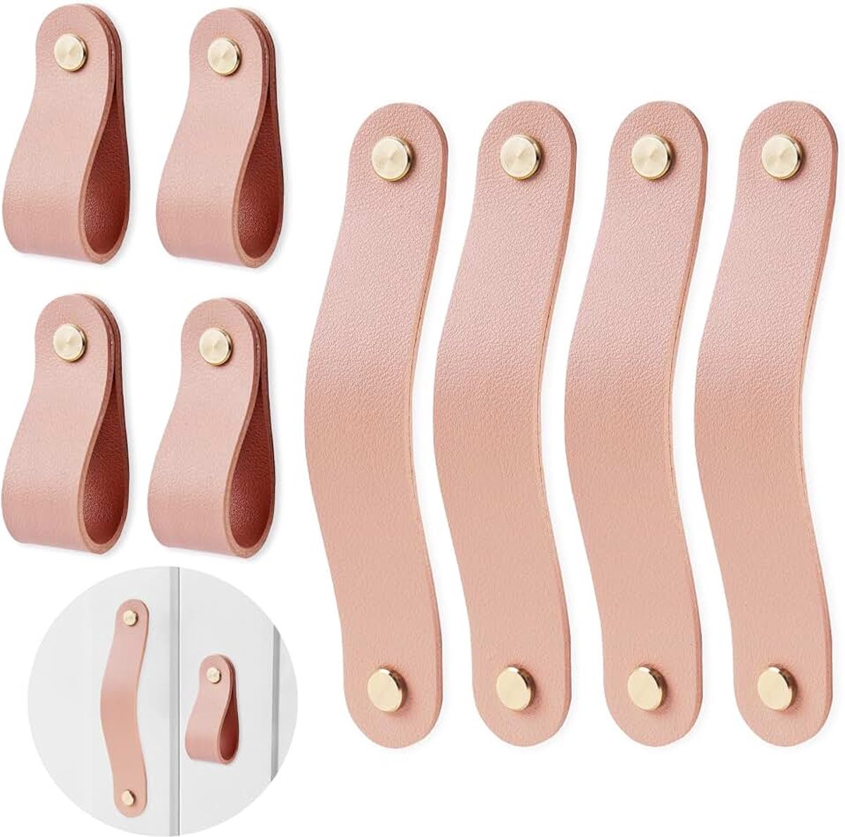 4 stuks lederen handgrepen voor meubels, 4 stuks, handgemaakte meubelknoppen, leer, vintage meubelgrepen, lederen greep, kastgrepen voor keukenkasten, kledingkast, badkamer (4-roze)