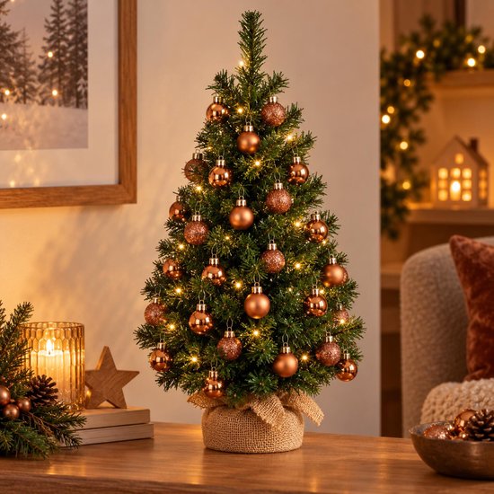 Mini kerstboom - 75 cm - met 40 koperkleurige kerstballen - D3 cm - kunstboom - 81 takken
