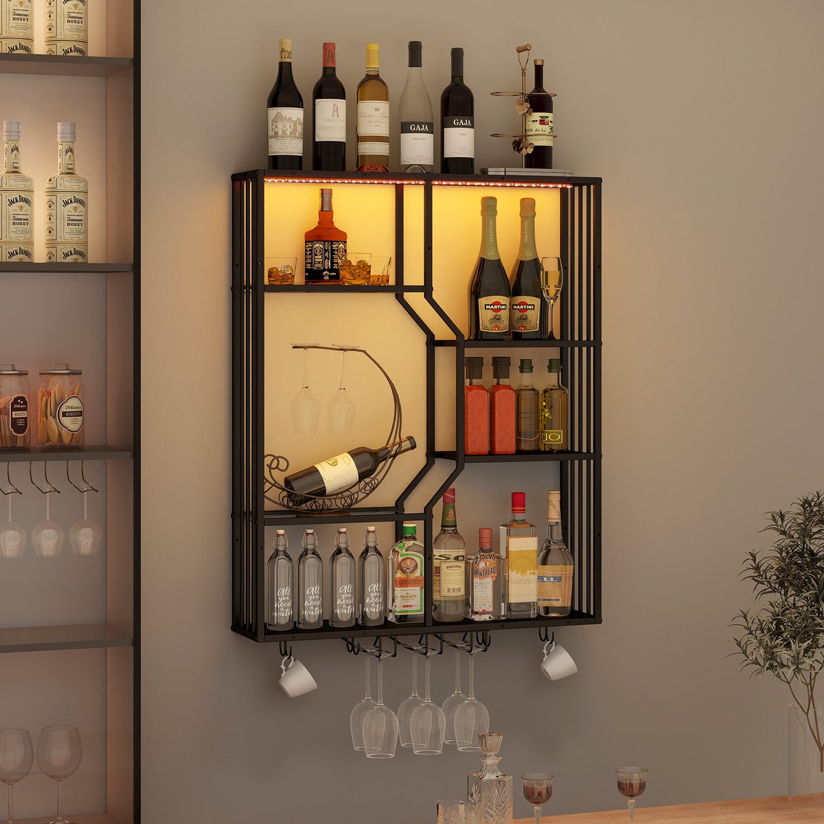 Puluomis - Wijnrek - Wandschap - RGB-verlichting - Houten wijnrek - Wijnglazenhouder - 80x100x20 cm - Zwart