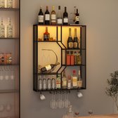 Puluomis - Wijnrek - Wandschap - RGB-verlichting - Houten wijnrek - Wijnglazenhouder - 80x100x20 cm - Zwart
