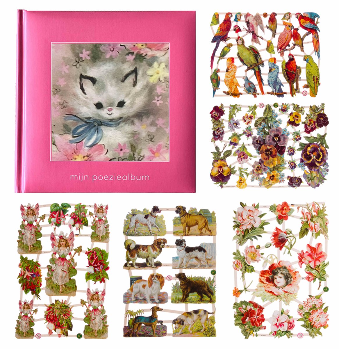 Poëziealbum - 16x16 - roze met witte kat - met 5 vellen Poëzieplaatjes
