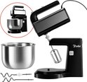 Zwarte Broba handmixer met metalen mengkom en accessoires, waaronder kloppers en deeghaken.