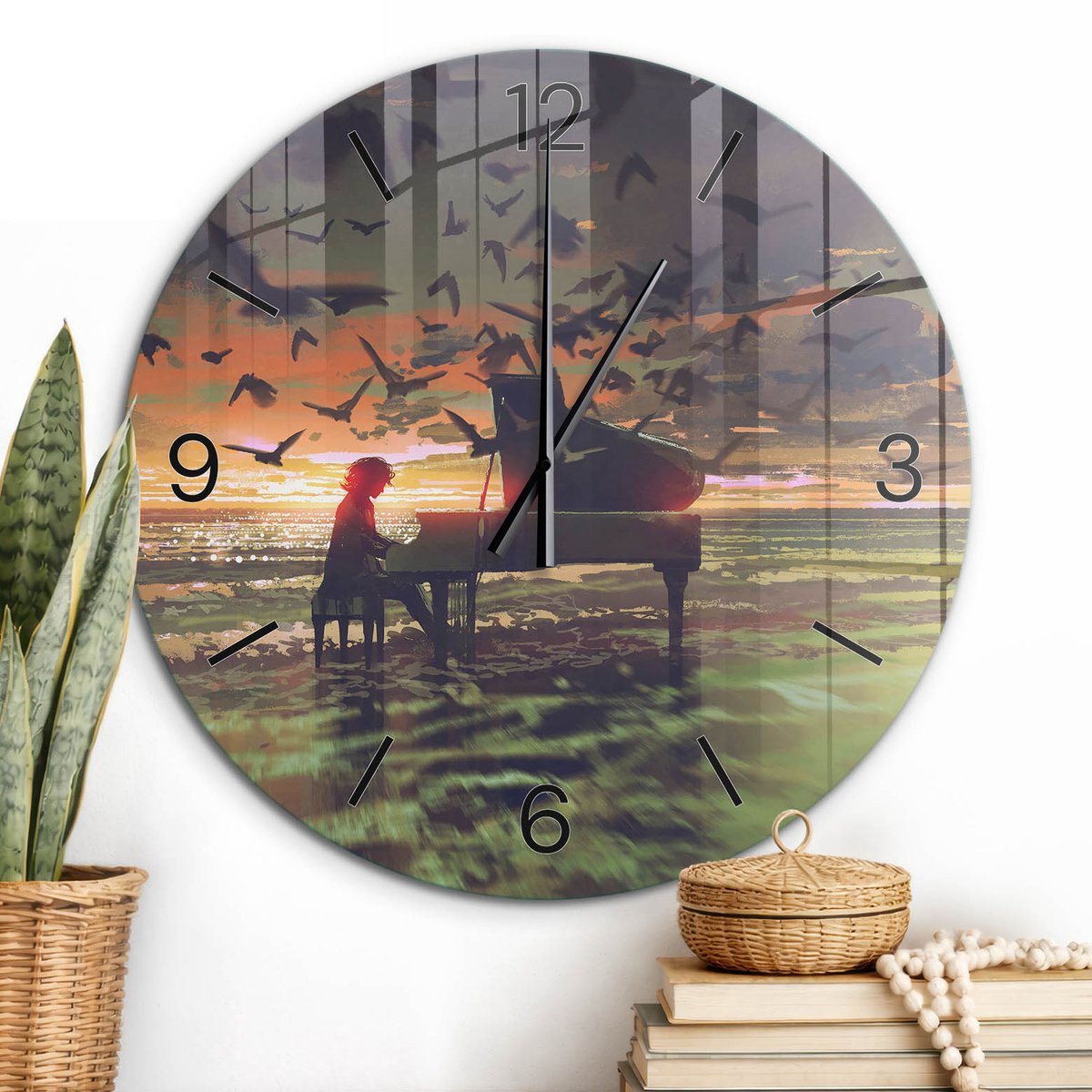 ArtPrintCave Oranje Glazen Klok - Wandklok 60 cm - Muurklok Rond - Westerse Melodie Stille Wandklok - Natuur Wandklok Keuken - Zwarte Klokwijzers
