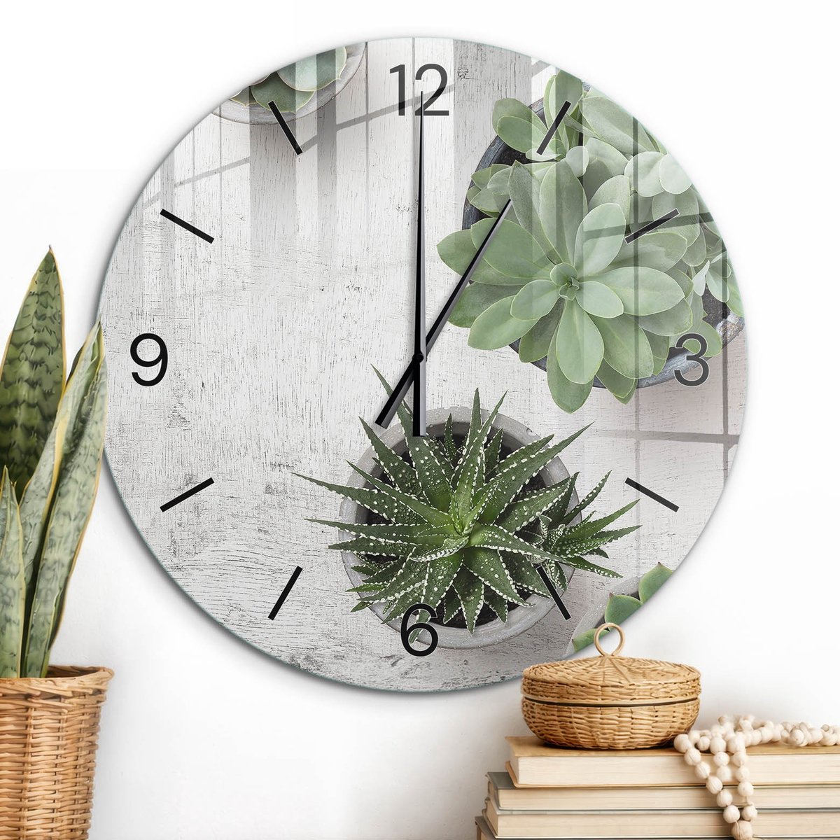 ArtPrintCave Groene Glazen Klok - Wandklok 60 cm - Muurklok Rond - Vetplanten Natuur Wandklok Keuken - Natuur Unieke Klok - Zwarte Klokwijzers