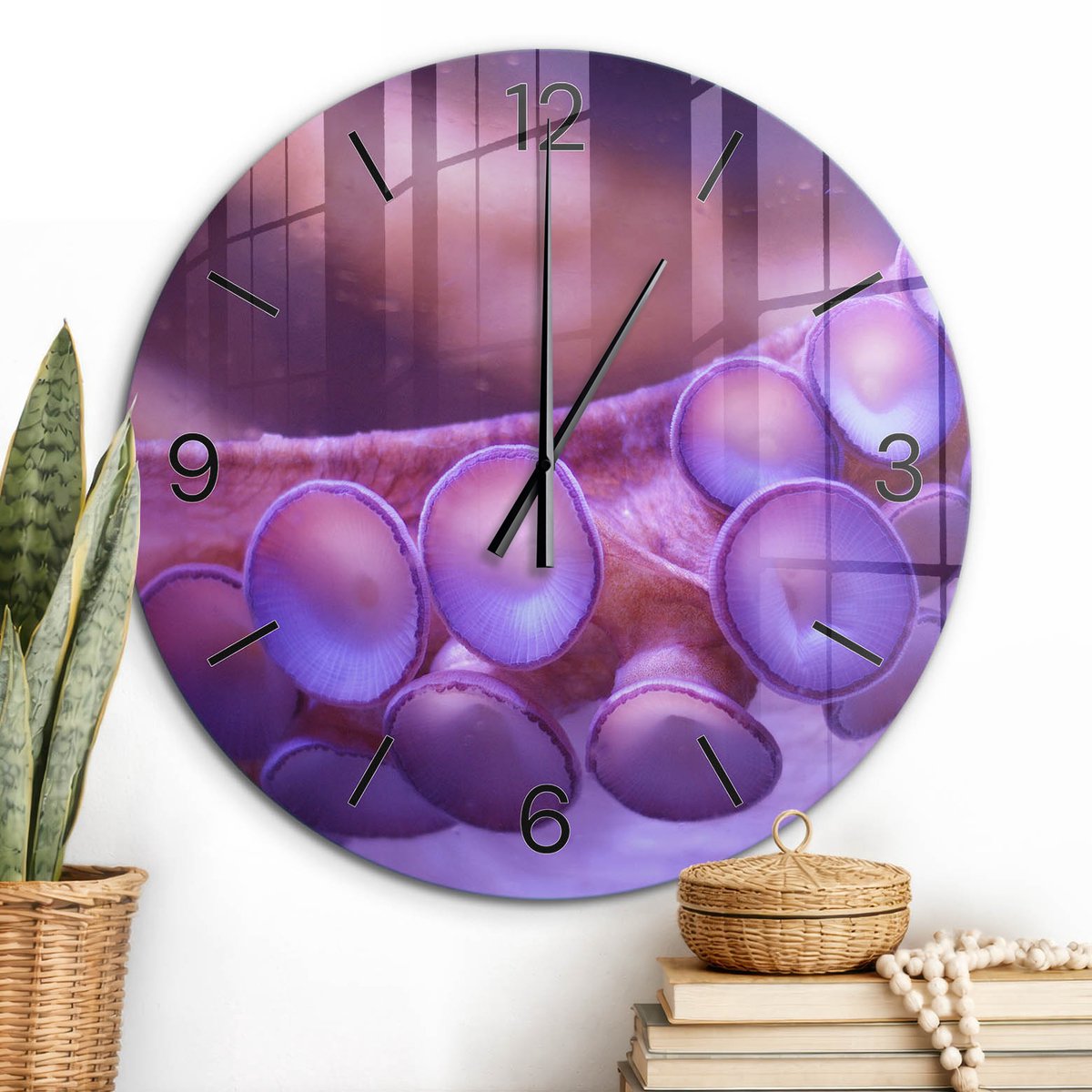 ArtPrintCave Paars Glazen Klok - Wandklok 60 cm - Muurklok Rond - Zeetextuur Wandklok Keuken - Abstractie Unieke Klok - Zwarte Klokwijzers