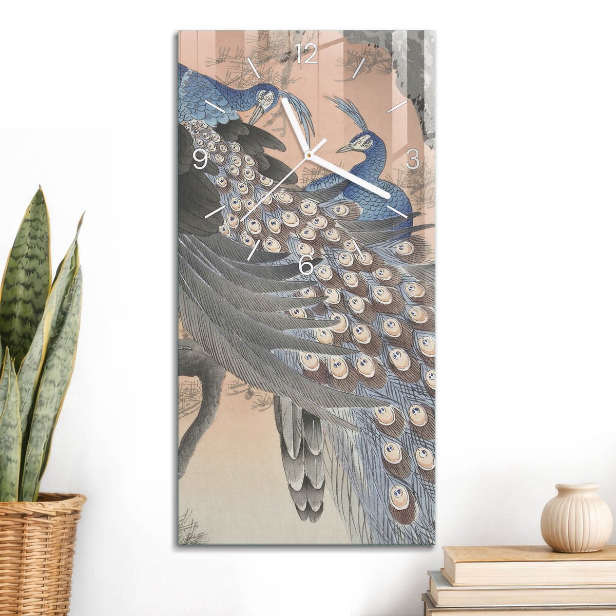 ArtPrintCave Blauw Glazen Klok - 30x60 cm - Rechthoekige Wandklok - Pauw Schoonheid Unieke Klok - Dieren Stille Wandklok - Witte Klokwijzers