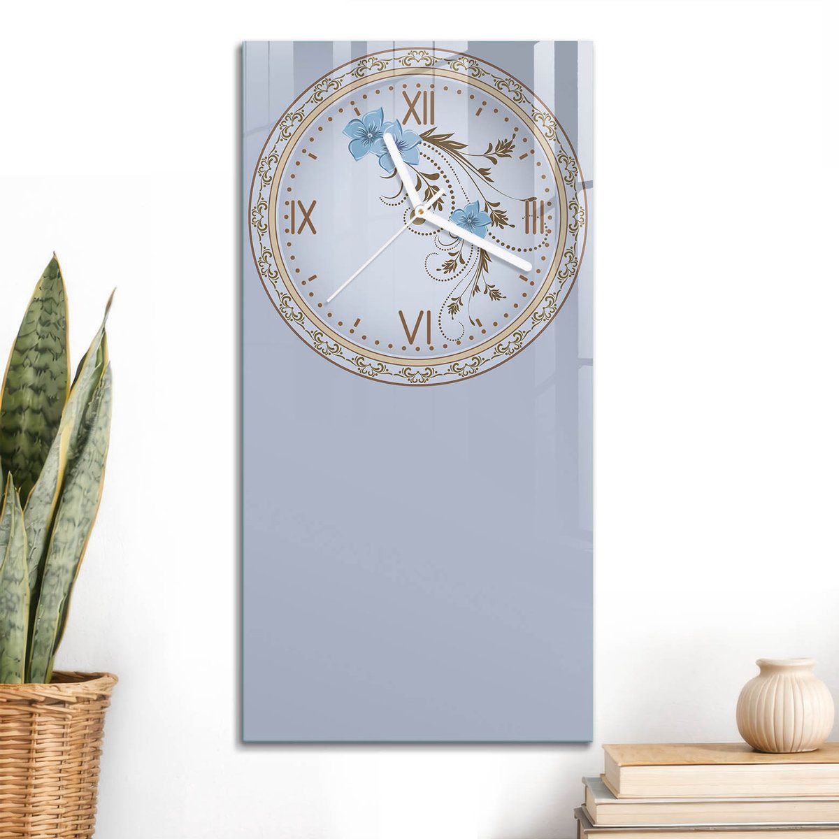 ArtPrintCave Blauw Glazen Klok - 30x60 cm - Rechthoekige Wandklok - Elegante Klok Unieke Klok - Bloemen En Planten Stille Wandklok - Witte Klokwijzers