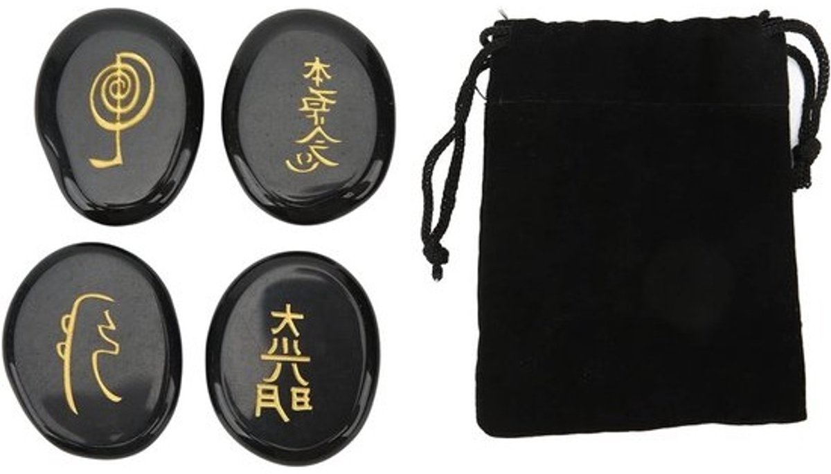 Set van 4 Reiki-symbolenstenen in rood, oranje, geel en groen - kristallen voor meditatie