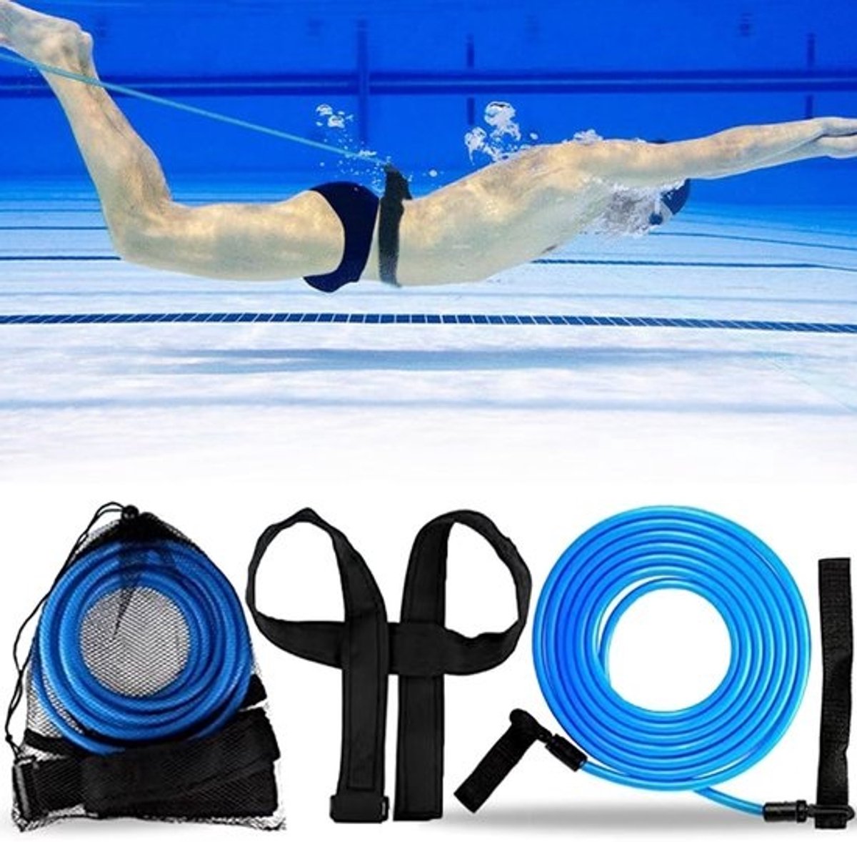 4 meter zwemgordel voor weerstandstraining in zwembad, verstelbare riem, bungee koorden voor kinderen en volwassenen in blauw