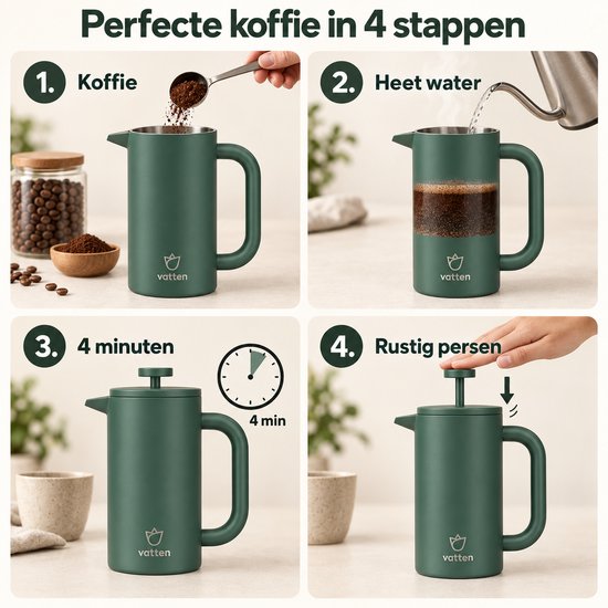 Vier stappen voor het maken van koffie met de donkergroene Vatten French Press: koffie toevoegen, heet water, 4 minuten wachten, persen.