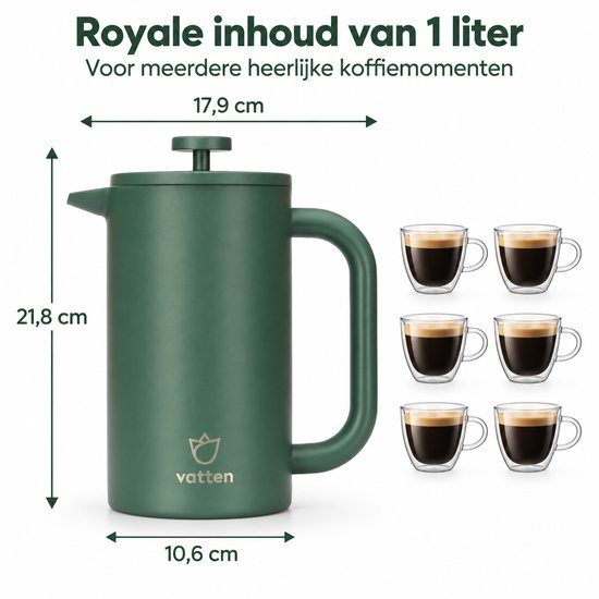 Donkergroene Vatten French Press, 1 liter inhoud, 21,8 cm hoog, 10,6 cm breed, met zes koppen koffie ernaast.