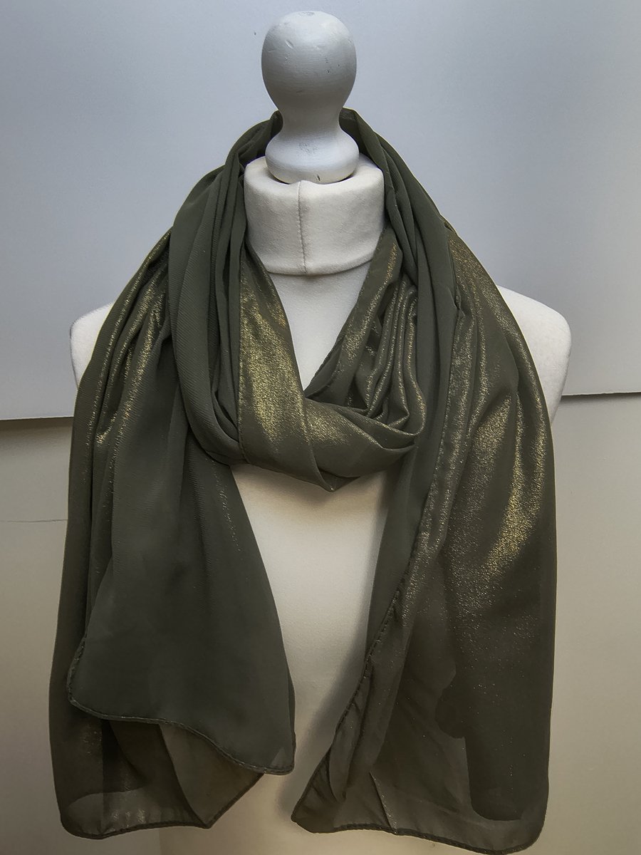 Lange glanzende dames sjaal Bridget- effen kaki groen goud-stola-omslagdoek