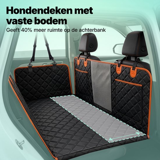 Couverture pour chien noire avec bordure orange et fenêtre en maille, installée sur la banquette arrière d'une voiture. Zone grise marquée indique un espace supplémentaire.
