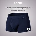 Navyblauwe Robin boxer, absorberend ondergoed voor actieve mannen, met vochtafvoer logo.