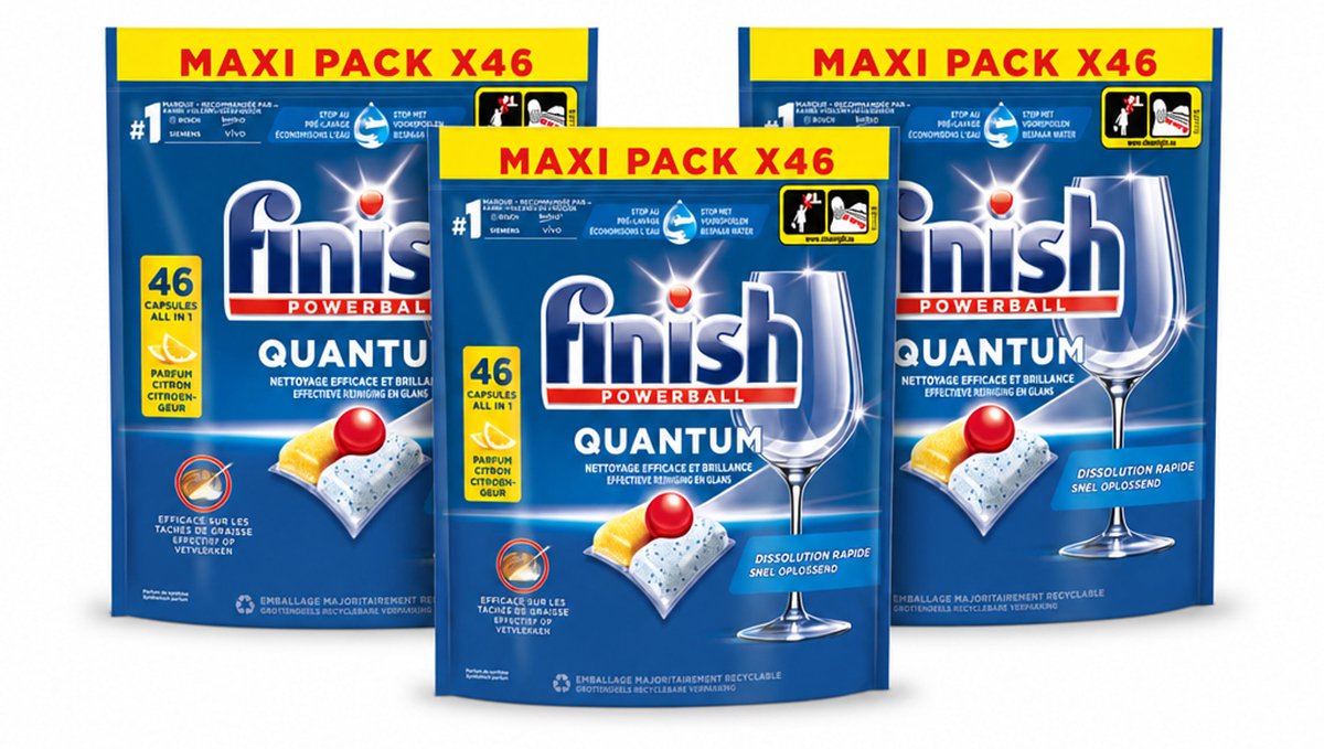 3 x Finish - Vaatwasmiddel - Quantum Vaatwastabletten Citroen - Diepe Reiniging & Frisheid - 46 capsules - Voordeelverpakking - 3 stuks