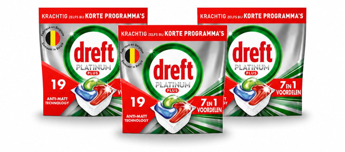 3 x Dreft - Vaatwastabletten - Platinum Plus All-in-One - Krachtige reiniging - 19 Tabletten - Voordeelverpakking - 3 stuks
