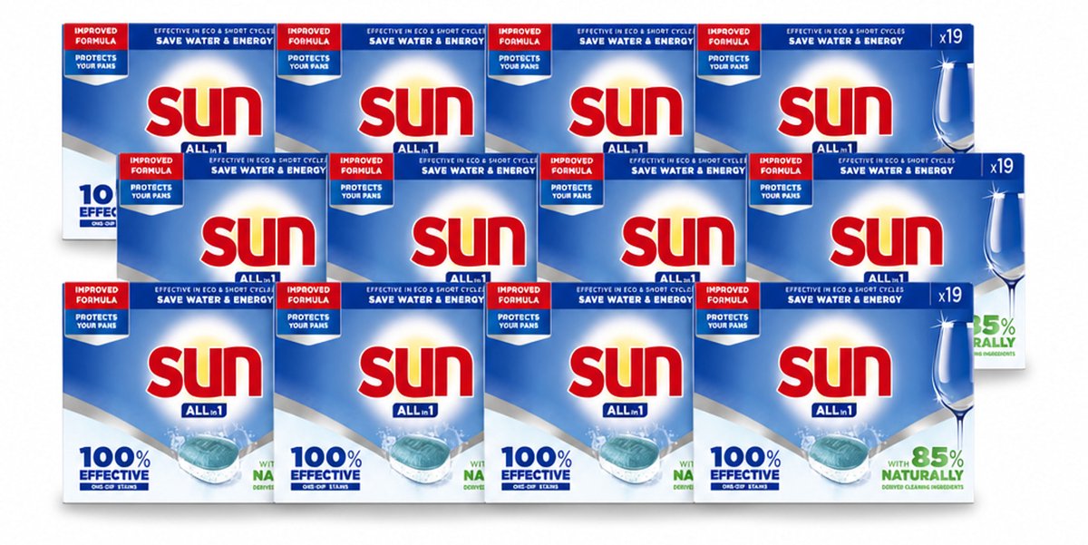 12 x Sun - Vaatwastabletten - All-in-1 Neutraal - 19 tabletten - Voordeelverpakking - 12 stuks