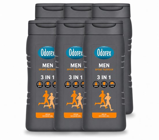 Zes flessen Odorex Men Sport Refresh 3-in-1 douchegel, 300 ml per stuk, met oranje hardloper-illustratie.