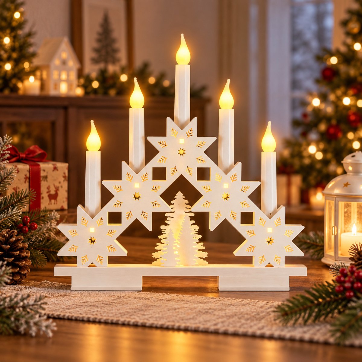 Witte Houten Sneeuwvlok Kandelaar Boog - 5 LED Kerstkaarsen - Batterij Aangedreven (2x AA) - Kerstverlichting voor Vensterbank en Tafel