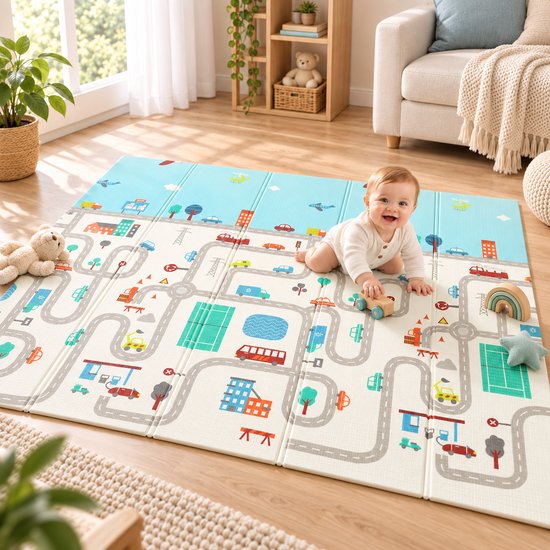 Baby op een speelmat met een stadsplattegrond, wegen, auto's en gebouwen. De mat is opvouwbaar en lichtblauw met wit.