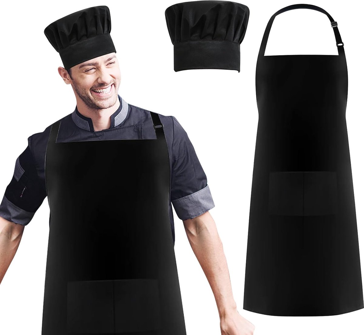 Keukenschort voor dames en heren, verstelbaar schort met zakken, 70 x 65 cm, waterdicht, schort en kookmuts voor volwassenen, voor kunstenaars, barbecueschilderen, zwart, Zwart, 70*65 cm