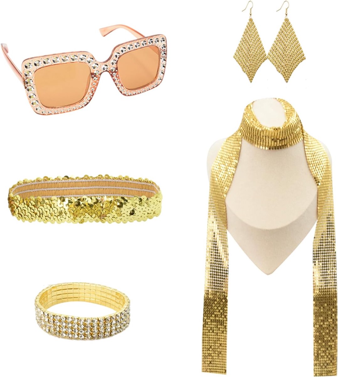 70-outfit voor dames, jaren 70, discoaccessoires, carnaval, feestoutfit, zonnebril voor dames, glitter, disco-accessoires