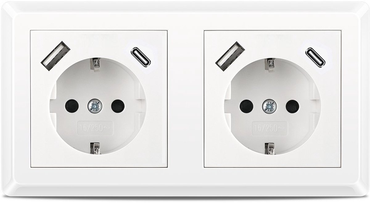 Dubbel inbouwstopcontact - met USB-poort - 5V/3,5A - USB-C-poort - SP9633F2B - Wit