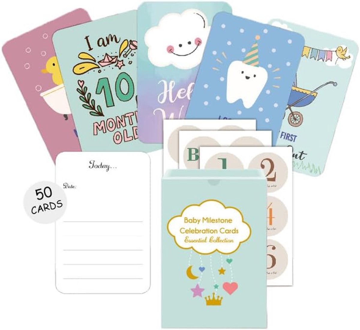 50 mijlpaalkaarten voor baby's in geschenkdoos, babyshower geschenken voor mama, dubbelzijdige mijlpaalkaarten voor nieuwe ouders, zwangerschapsgeschenken en aandenken